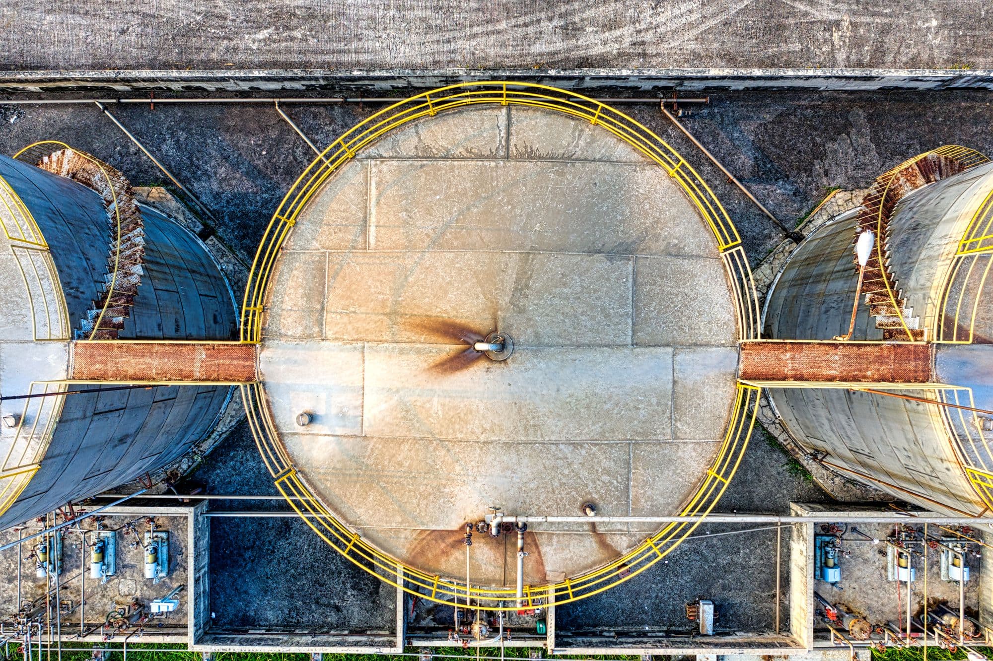 Aerial view of industrial petroleum storage tanks